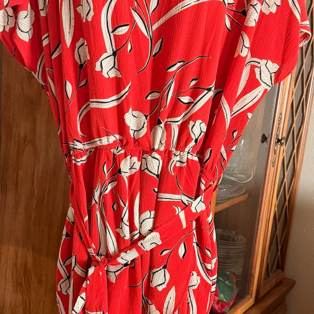 Red Floral Belted Dress